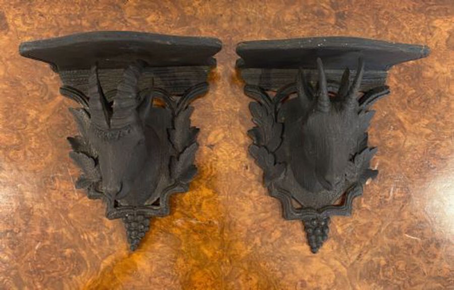 Antique Pair Of Antique Quality Black Forest Carved Wall Brackets 