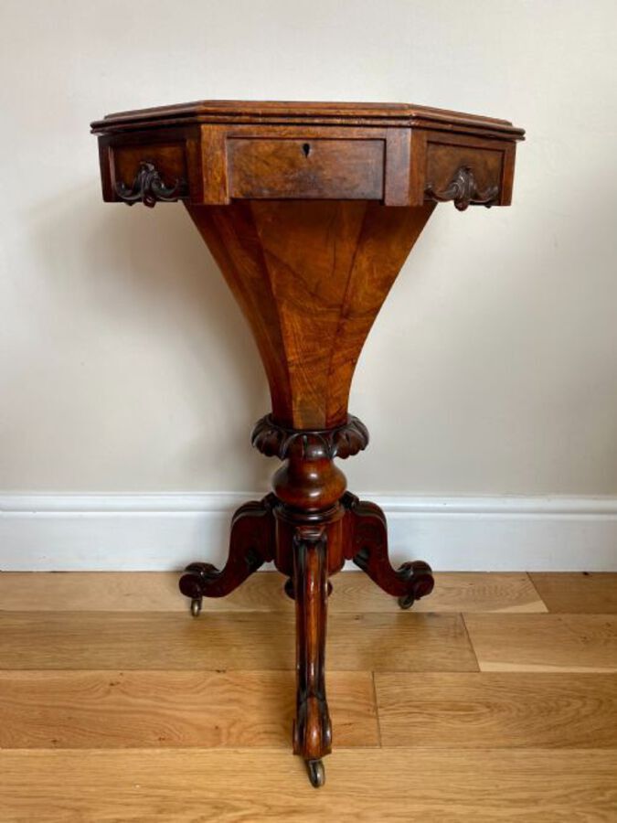 Antique Antique Victorian Quality Carved Burr Walnut Trumpet Work Table