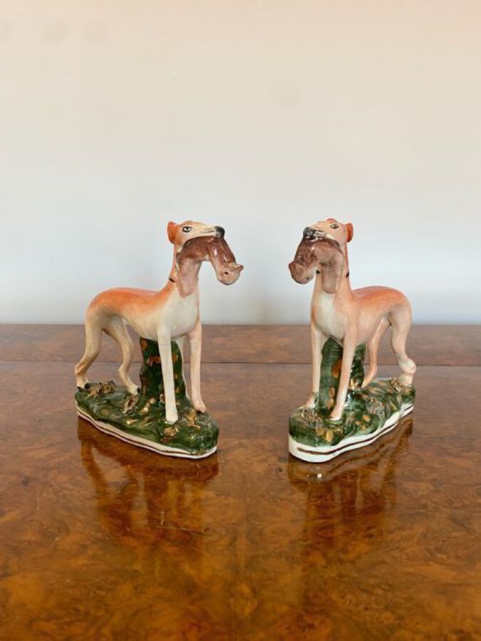 Antique Quality Pair Of Antique Victorian Staffordshire Greyhound Dogs 