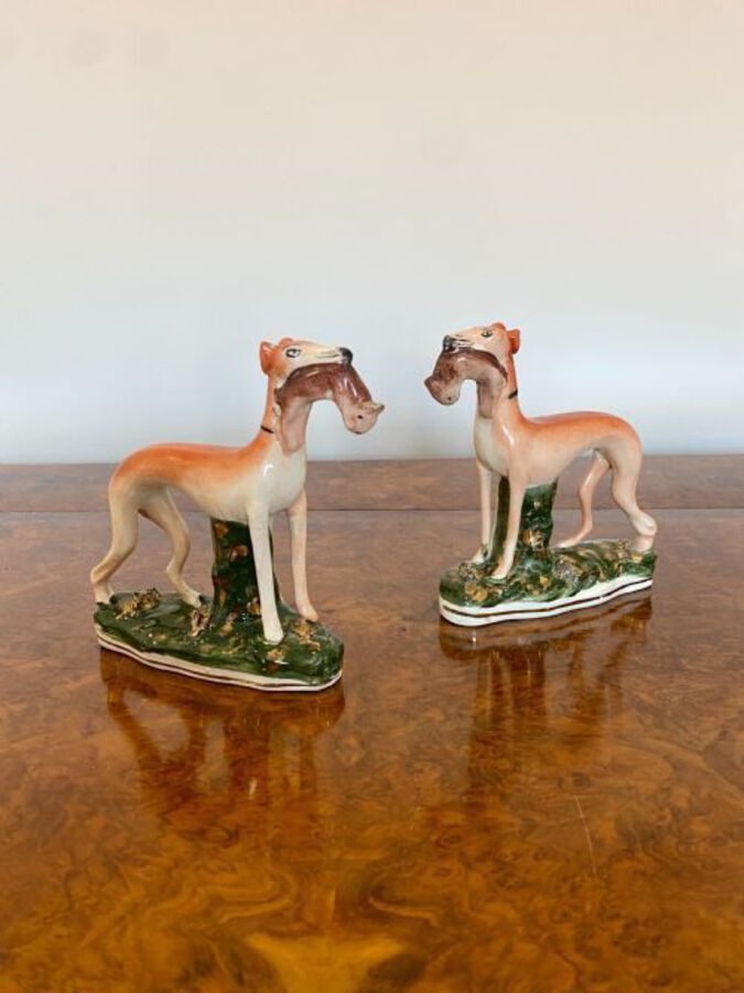 Antique Quality Pair Of Antique Victorian Staffordshire Greyhound Dogs 