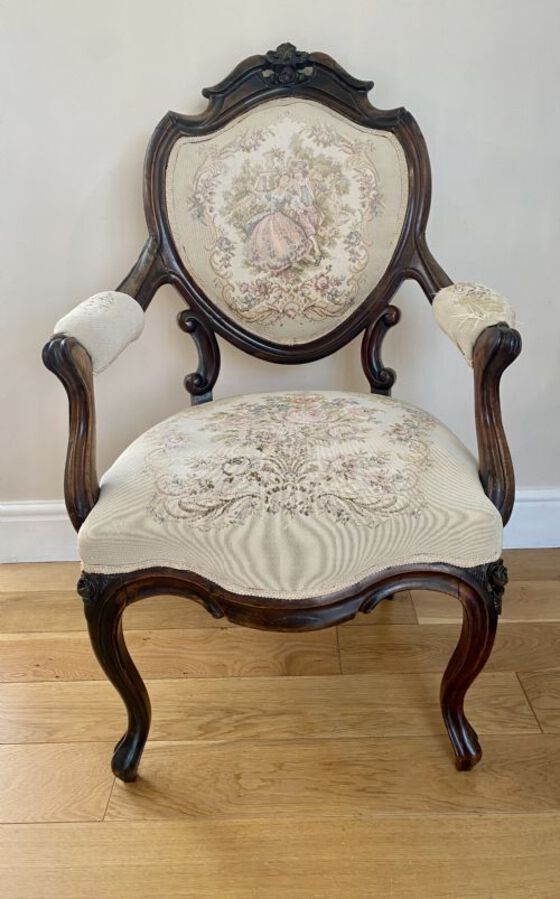 Antique Antique Quality Victorian French Carved Walnut Armchair 