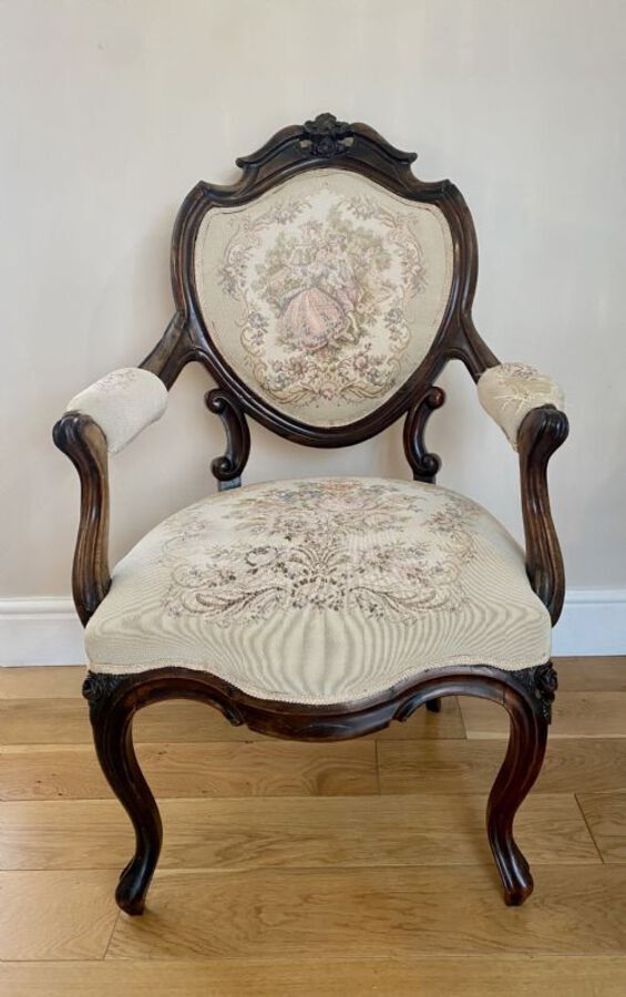 Antique Antique Quality Victorian French Carved Walnut Armchair 