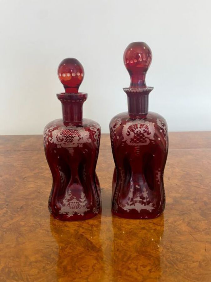 Pair Of Antique Victorian Quality Ruby Glass Decanters