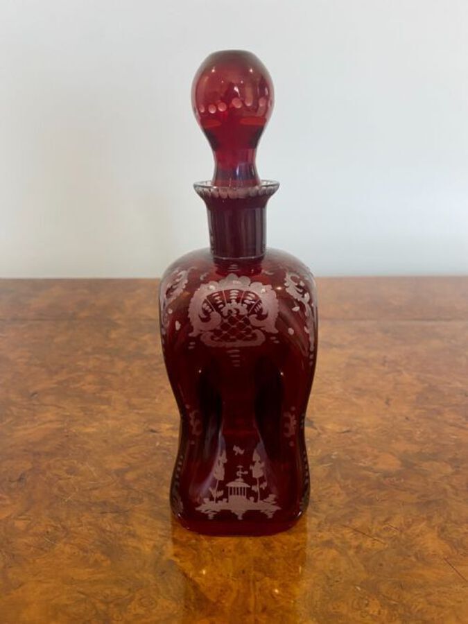 Antique Pair Of Antique Victorian Quality Ruby Glass Decanters 