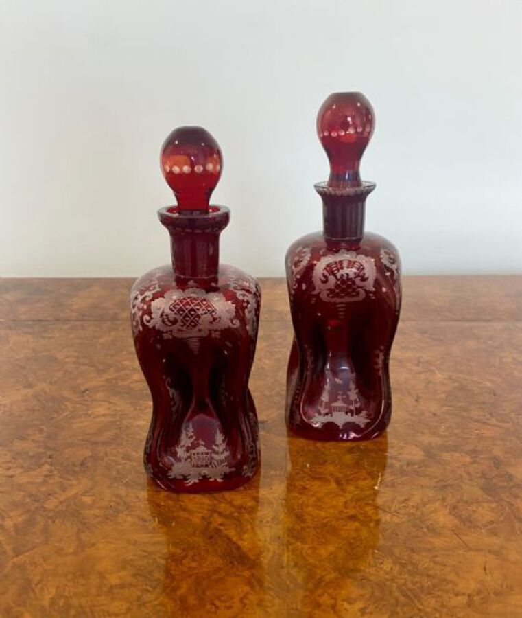 Antique Pair Of Antique Victorian Quality Ruby Glass Decanters 