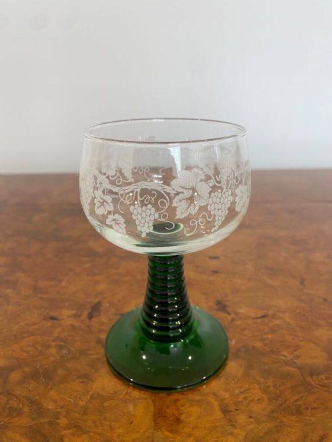 Antique Set Of Eight Engraved Antique Wine Glasses