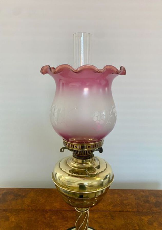 Antique Victorian Quality Brass And Glass Oil Lamp