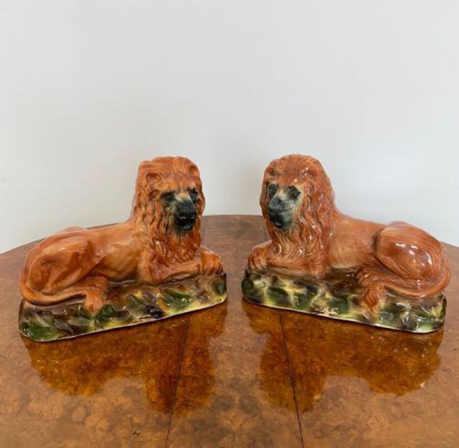 Antique Quality Pair Of Large Antique Victorian Staffordshire Lions