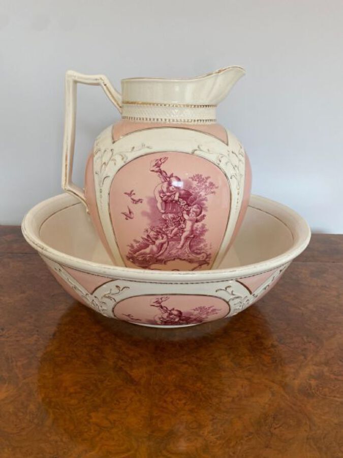 Antique Victorian Quality Hand Painted Jug and Bowl Set