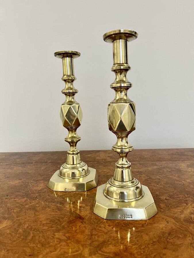 Antique Large pair of antique Victorian quality brass candlesticks king of diamonds