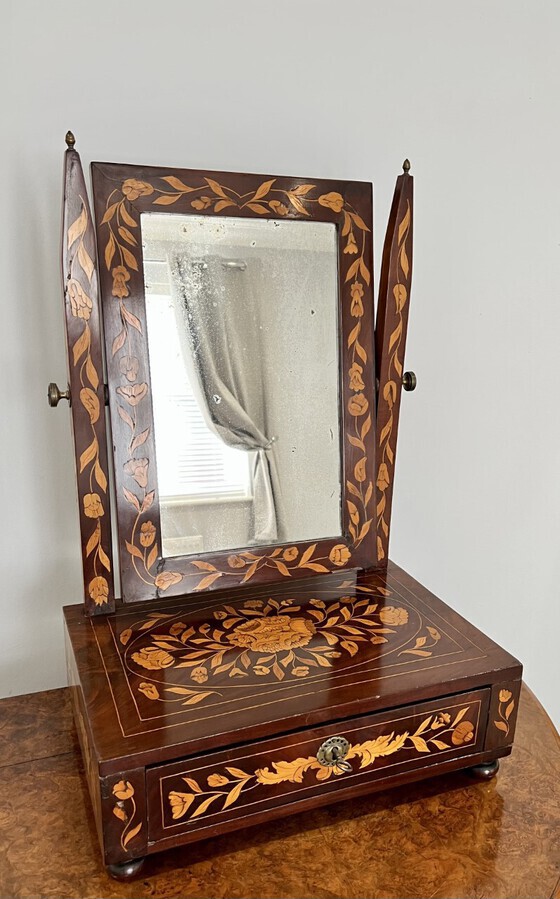 Antique Antique quality mahogany Dutch marquetry inlaid dressing table mirror 