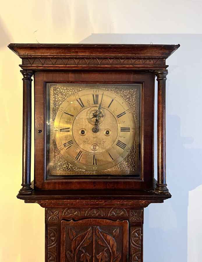 Antique Antique George III quality carved oak brass face longcase clock