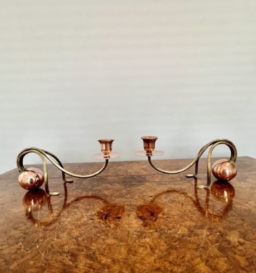 Antique Unusual pair of antique art nouveau brass and copper candlesticks 