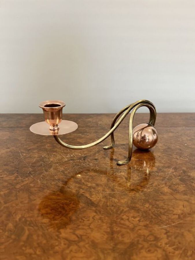 Antique Unusual pair of antique art nouveau brass and copper candlesticks 