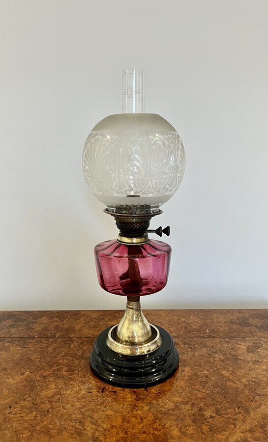 Antique Antique Victorian cranberry glass oil lamp