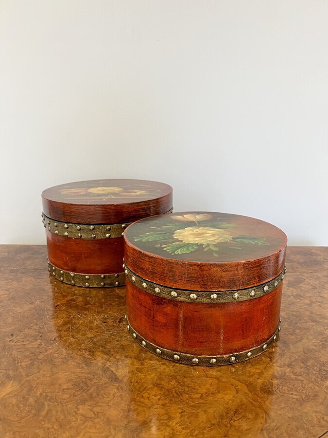 Antique Unusual antique pair of hand painted circular storage boxes