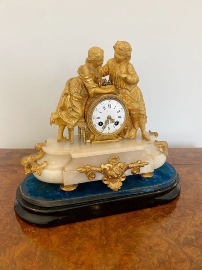 Antique Antique Victorian French Ornate Ormolu And Alabaster Mantle Clock