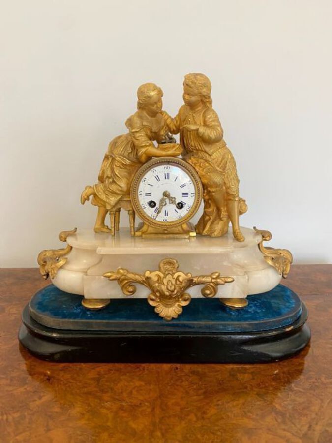 Antique Antique Victorian French Ornate Ormolu And Alabaster Mantle Clock
