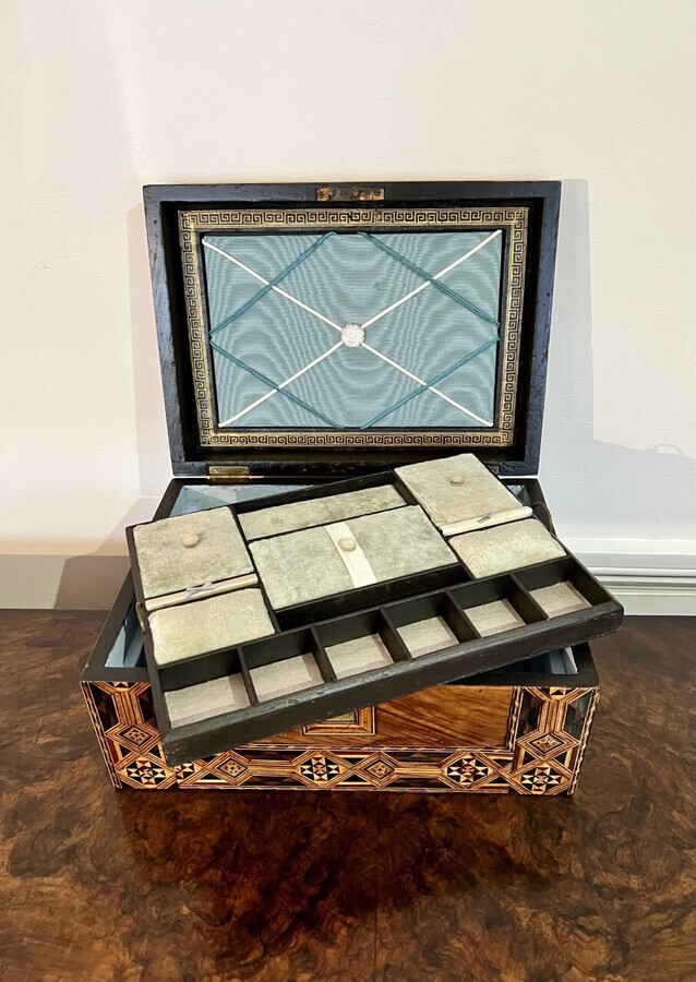 Antique Fantastic quality antique Victorian walnut marquetry inlaid sewing box 