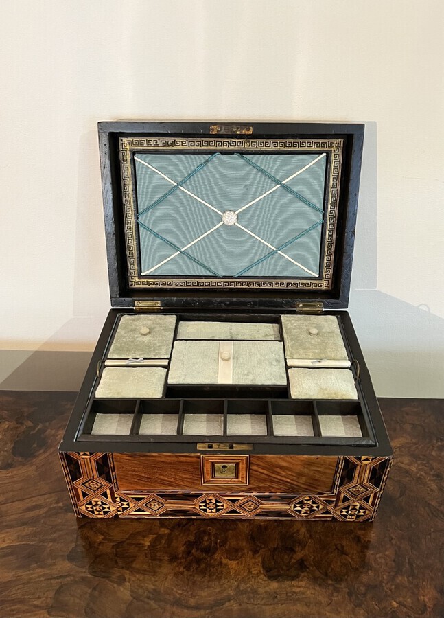 Antique Fantastic quality antique Victorian walnut marquetry inlaid sewing box 