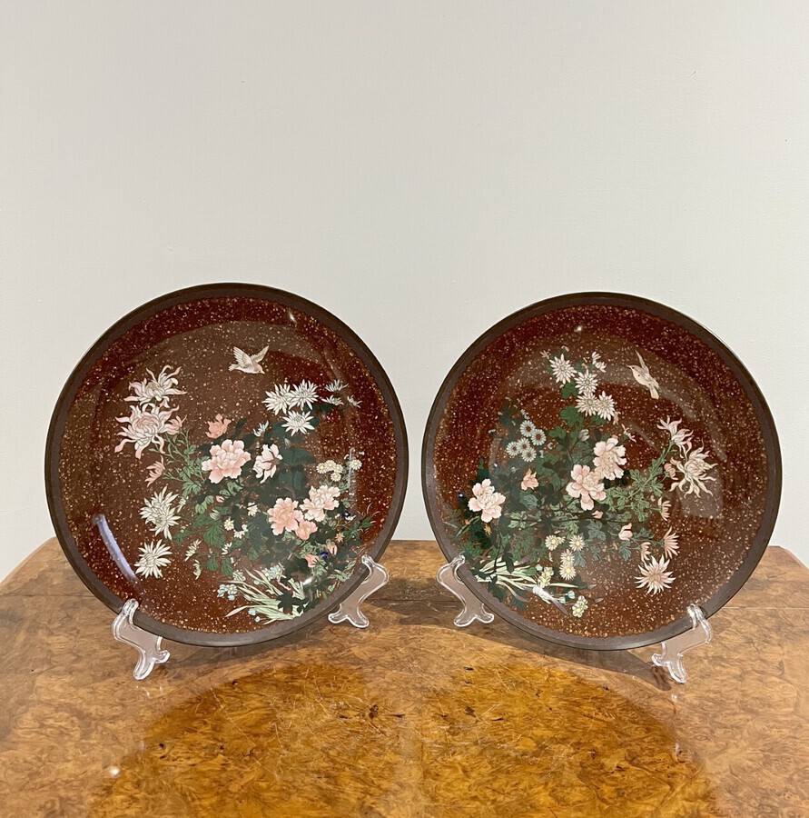 Antique Fine pair of antique Japanese cloisonné plates 