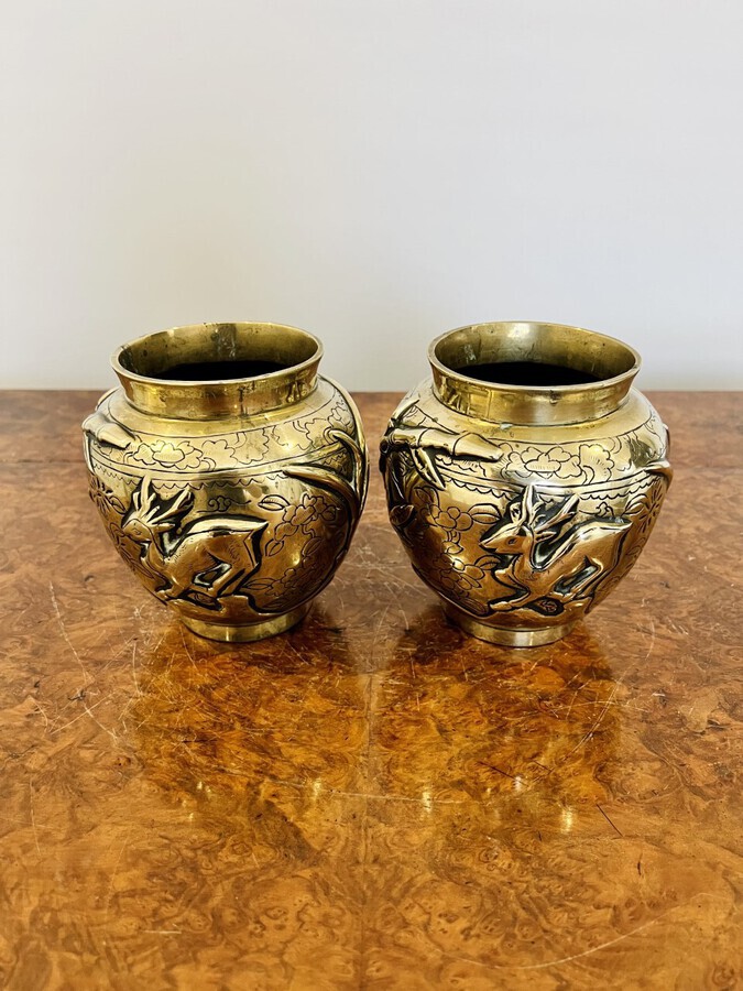 Antique Unusual pair of antique Chinese brass jardinieres 