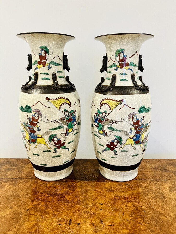 LARGE PAIR OF ANTIQUE VICTORIAN QUALITY CHINESE CRACKED GLAZED VASES