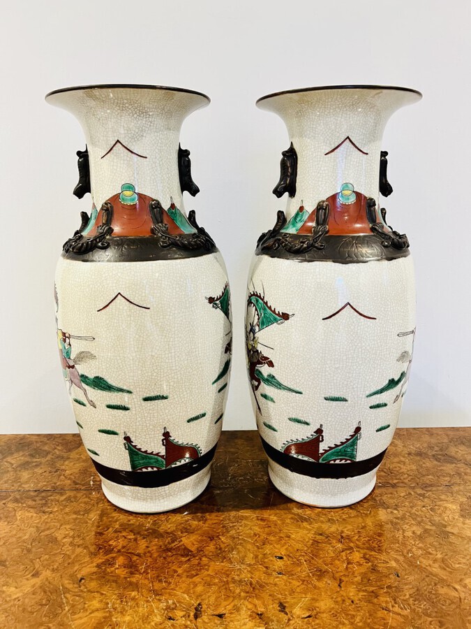Antique LARGE PAIR OF ANTIQUE VICTORIAN QUALITY CHINESE CRACKED GLAZED VASES