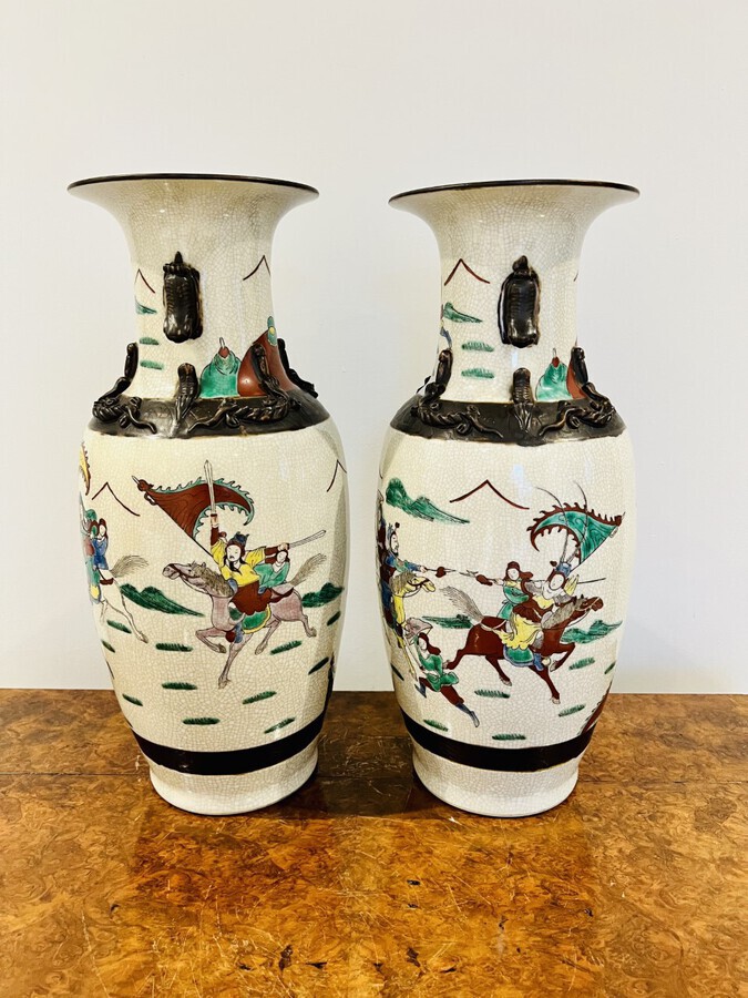Antique LARGE PAIR OF ANTIQUE VICTORIAN QUALITY CHINESE CRACKED GLAZED VASES