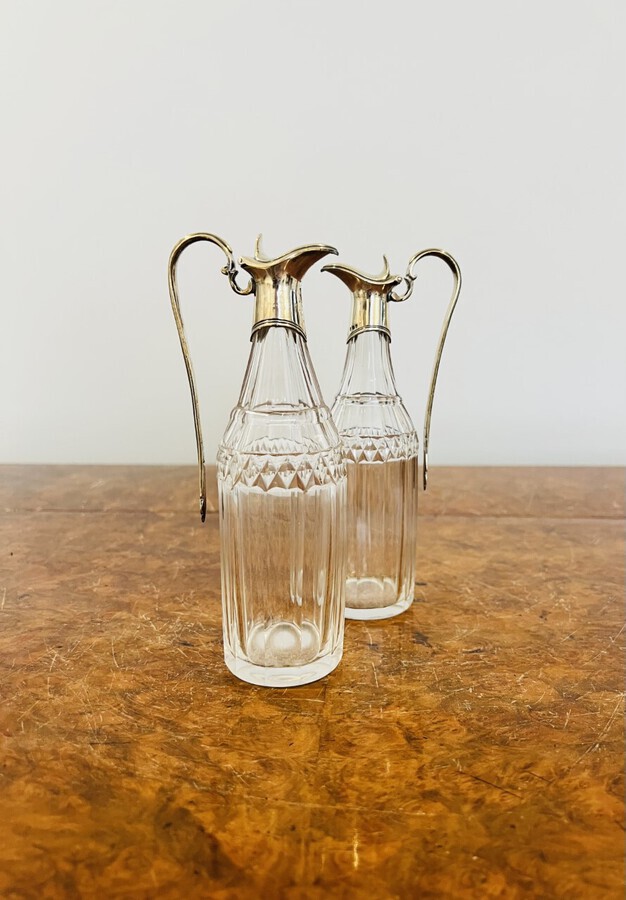 Antique Fine pair of George III hallmarked silver and glass oil and vinegar bottles 