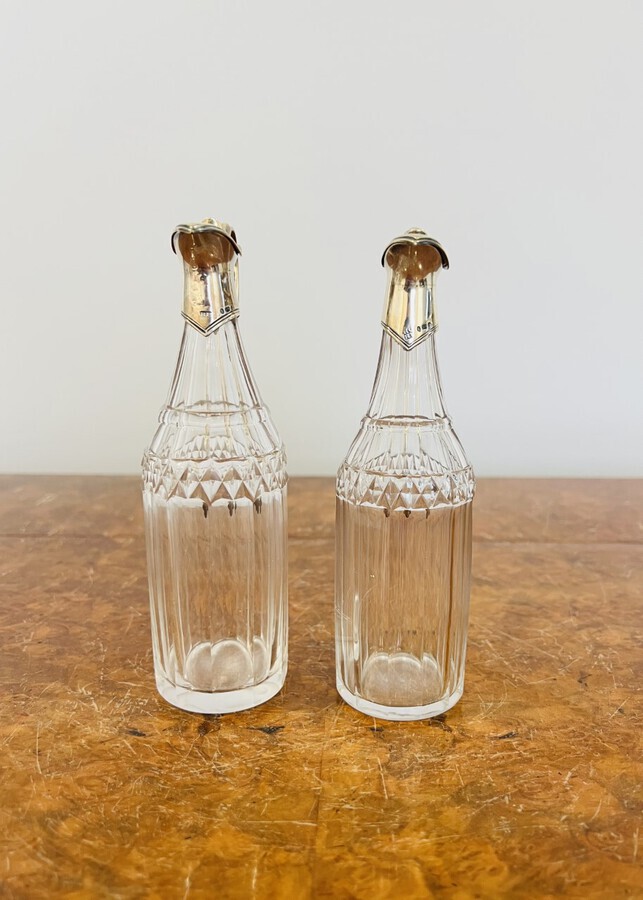 Antique Fine pair of George III hallmarked silver and glass oil and vinegar bottles 