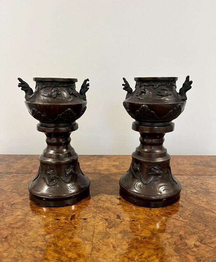 Antique Quality pair of antique Victorian bronze Japanese vases 
