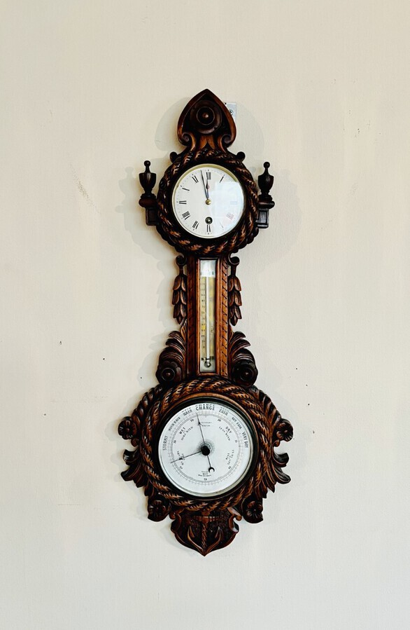 Quality antique Victorian carved walnut banjo clock barometer