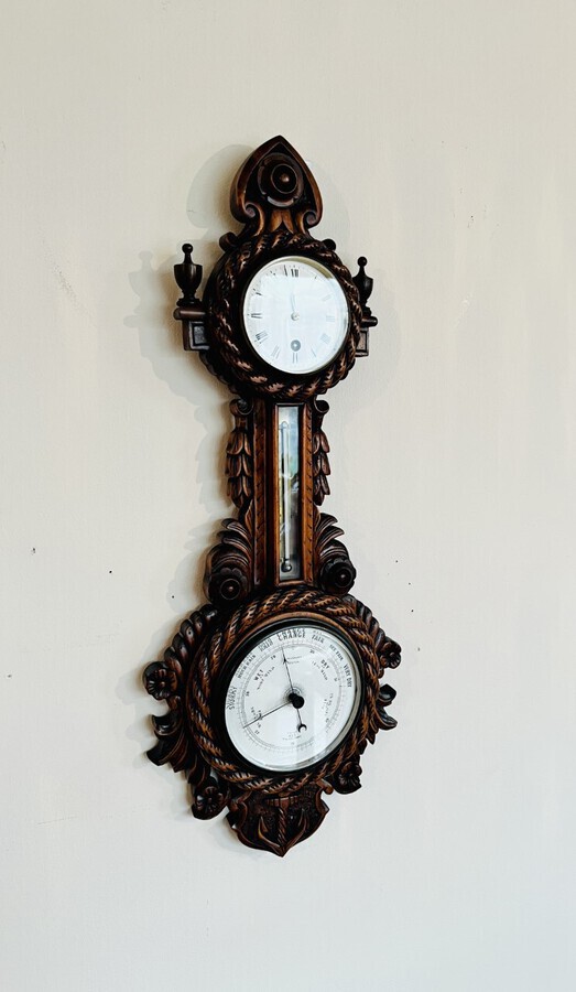 Antique Quality antique Victorian carved walnut banjo clock barometer 