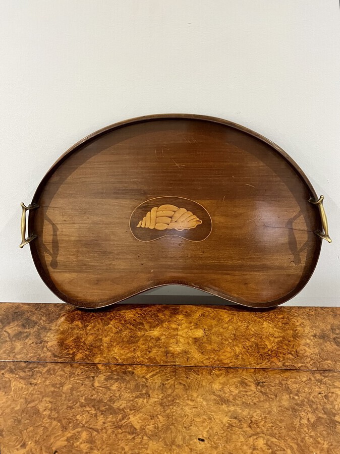 Antique Antique Edwardian quality kidney shaped mahogany inlaid tea tray 