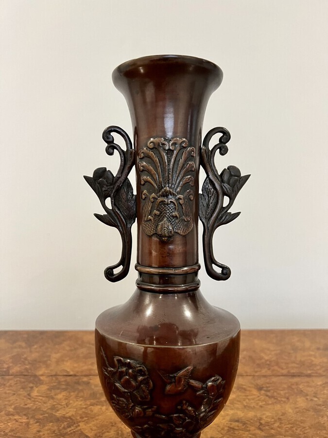 Antique Quality pair of antique Japanese twin handle bronze vases 