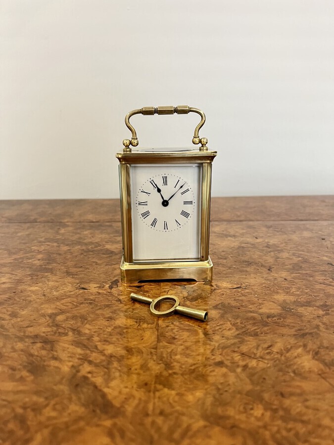 Antique Victorian quality brass carriage clock with original leather travelling case 
