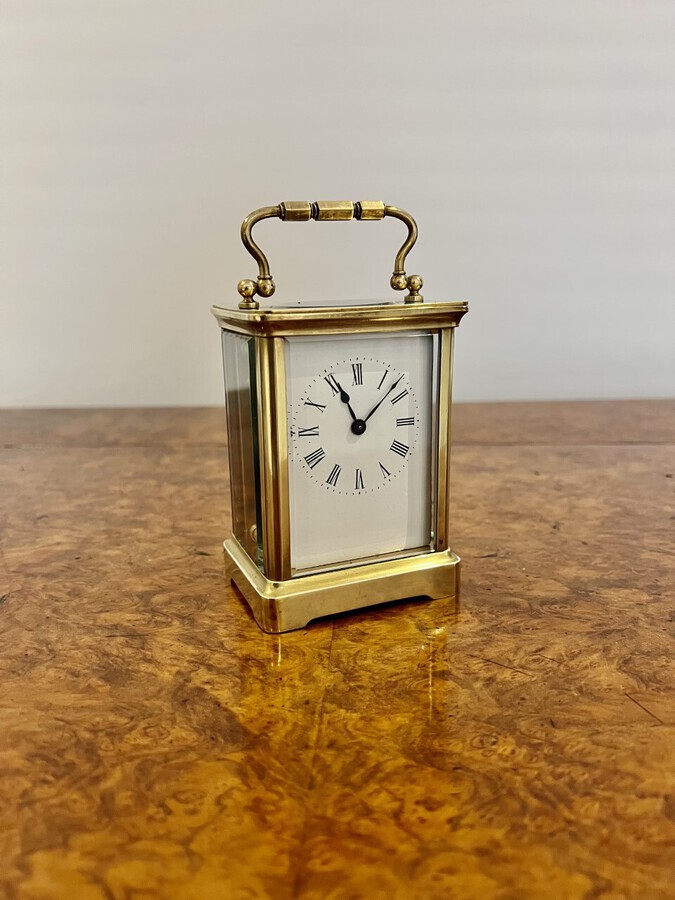 Antique Antique Victorian quality brass carriage clock with original leather travelling case 