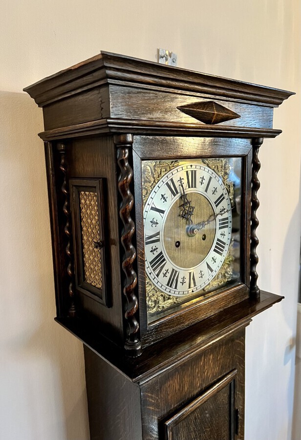 Antique Antique quality oak brass face grandmother clock 