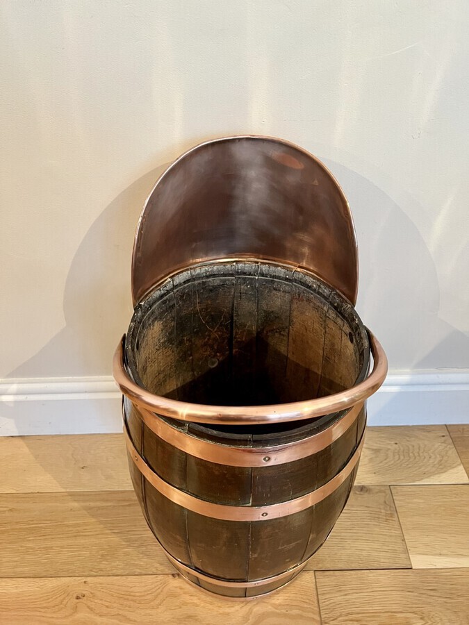 Antique Unusual antique Edwardian quality oak copper bounded coal bucket 