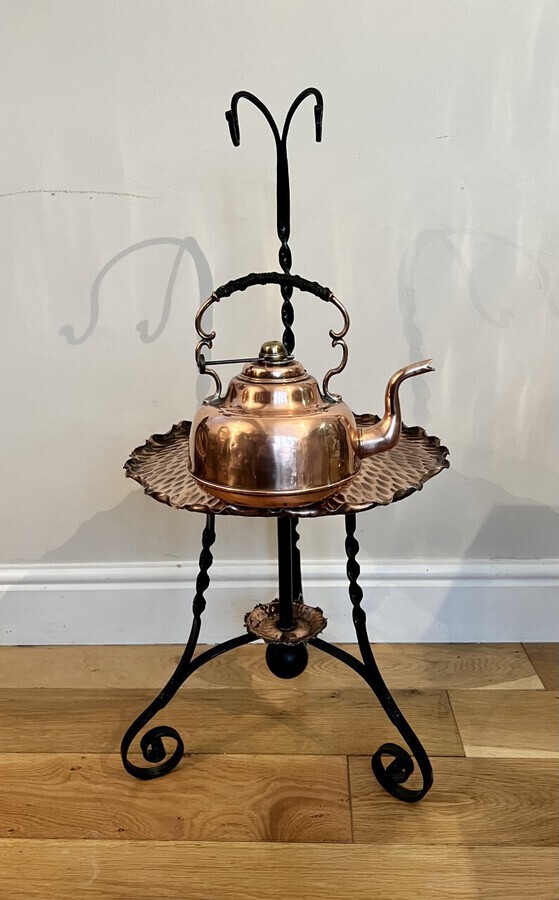 Antique Unusual antique art and crafts quality copper hanging kettle 