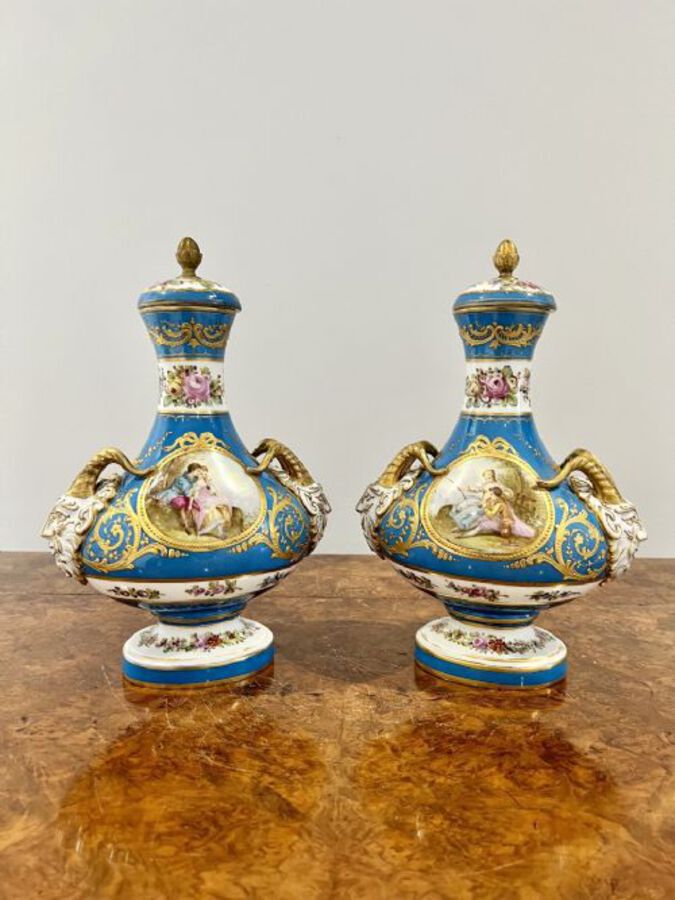 Fine quality pair of antique Victorian French severs lidded vases