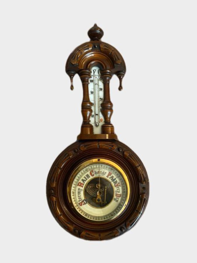 Antique SMALL ANTIQUE EDWARDIAN QUALITY CARVED WALNUT BANJO BAROMETER