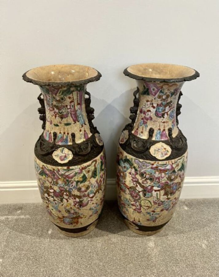 Antique LARGE PAIR OF ANTIQUE CHINESE CRACKLED GLAZED VASES