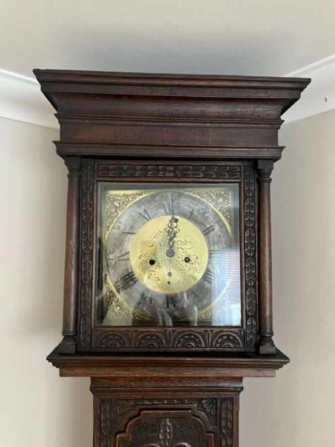 Antique QUALITY ANTIQUE GEORGE III CARVED OAK BRASS FACE LONGCASE CLOCK