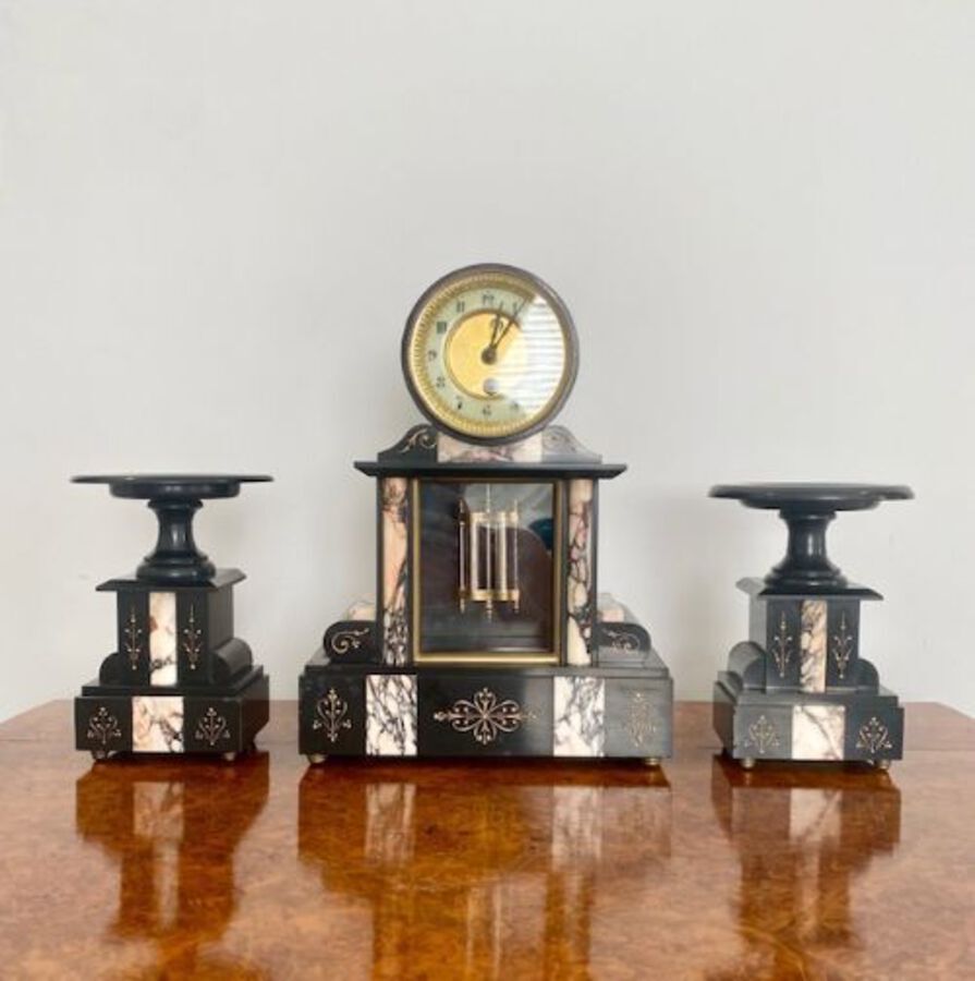 Antique QUALITY ANTIQUE VICTORIAN BLOCK MARBLE CLOCK GARNITURE