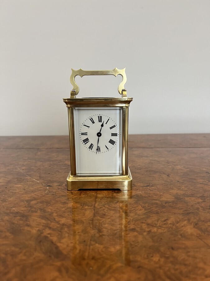 Antique Antique Victorian quality brass carriage clock with original leather travelling case 