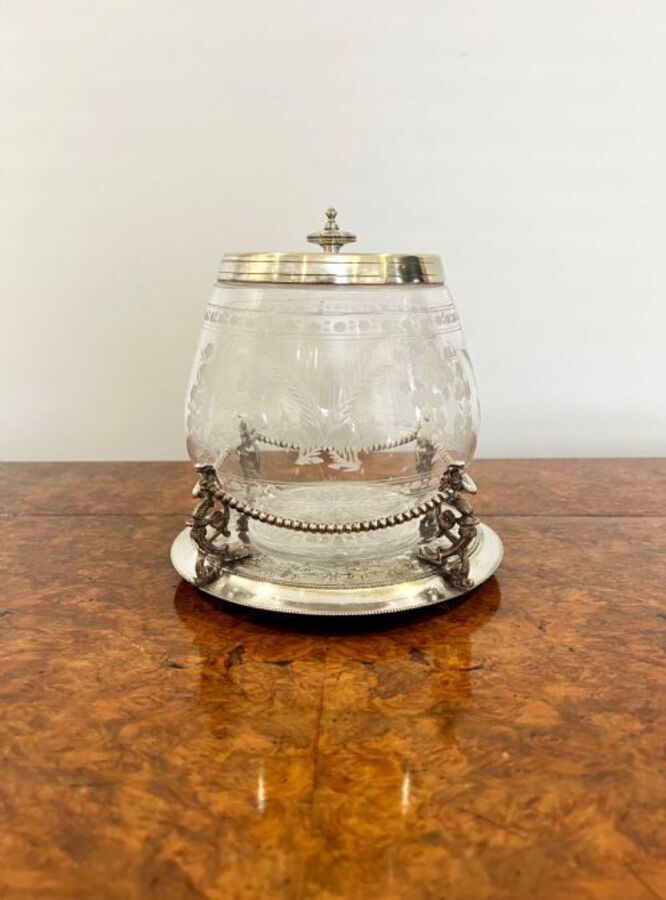 Fantastic quality antique Victorian silver plate and glass biscuit barrel