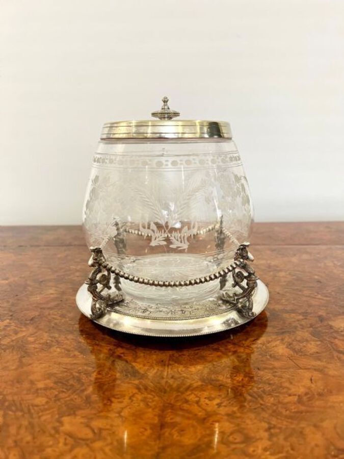 Antique Fantastic quality antique Victorian silver plate and glass biscuit barrel 