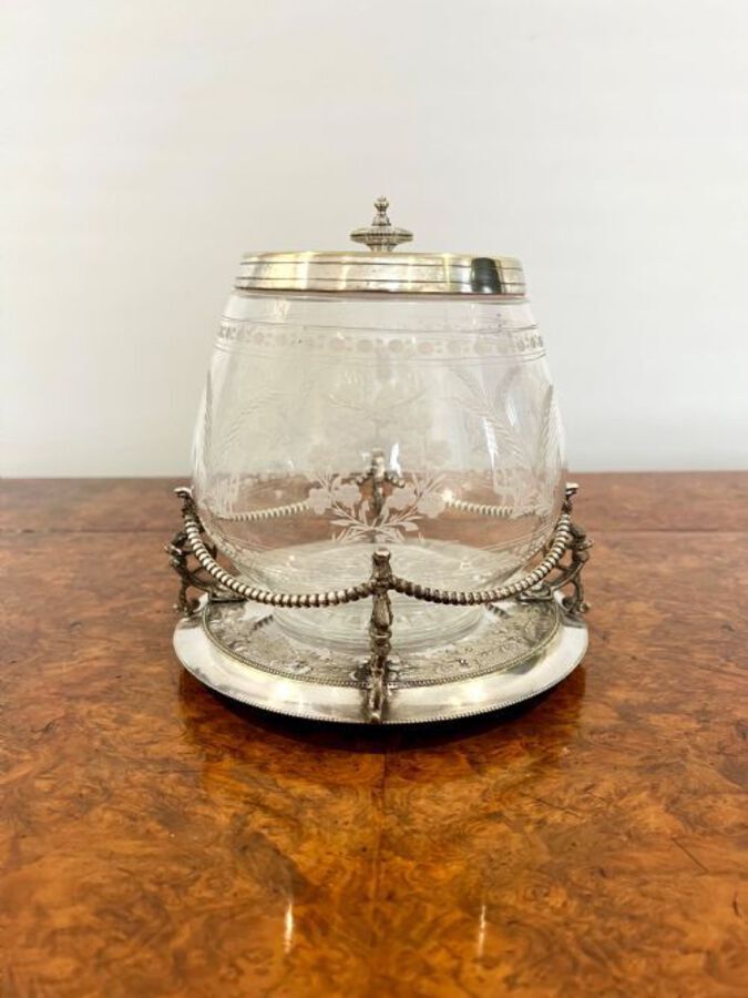 Antique Fantastic quality antique Victorian silver plate and glass biscuit barrel 